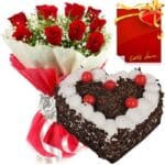 Heart Shape Black Forest Cake 10 Red Roses Bouquet And Love Card