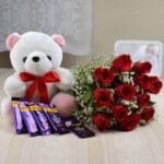 Bunch of 12 Red Roses with Teddy & 5 Dairy Milk Chocolates